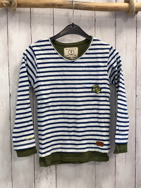 Basefield  Pullover  Gr. 116  weiß blaue Streifen oliv Saum 