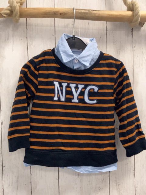   Pullover  Gr. 92  schwarz ocker Streifen hellblauer Hemdkragen Schrift 
