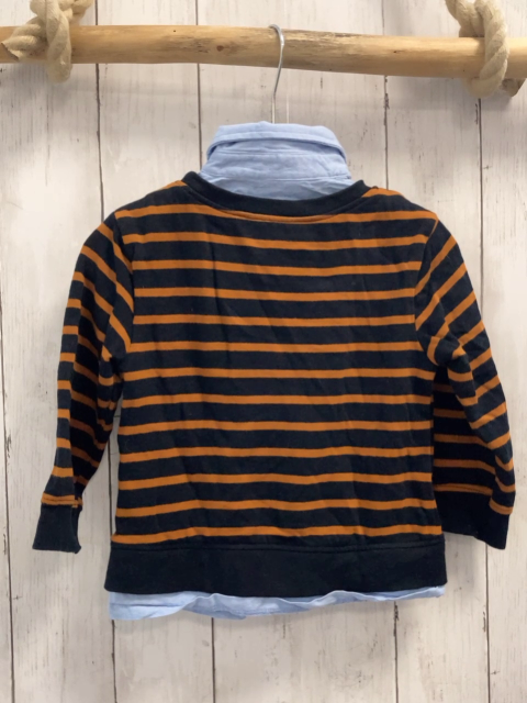   Pullover  Gr. 92  schwarz ocker Streifen hellblauer Hemdkragen Schrift 