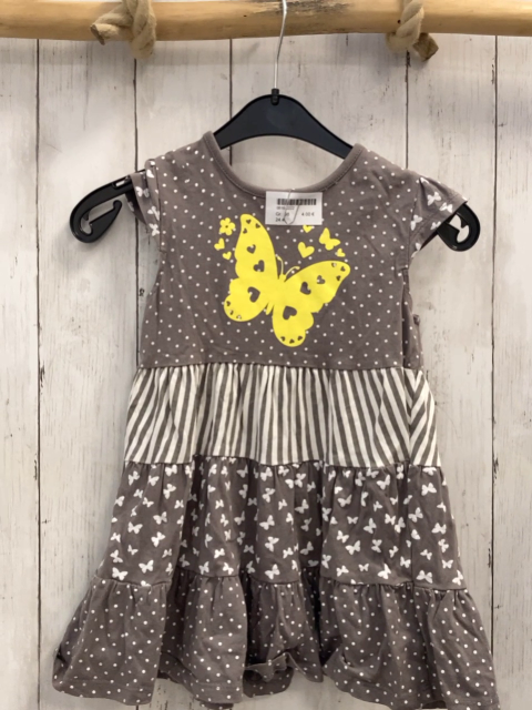   Kleid  Gr. 98  grau weiße Punkte Streifen + Schmetterlinge + gelber Schmetterling 