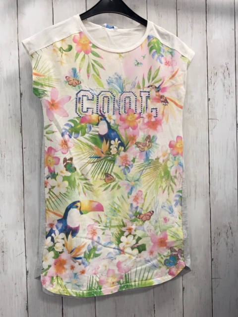 mayoral  Kleid  Gr. 152  creme Blumen Vogel Schmetterling Schrift mit silbernen Steinen 