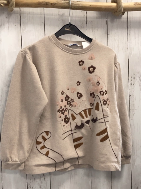 Mayoral  Pullover  Gr. 134  beige Katze mit Blumen und goldenen Pailetten  