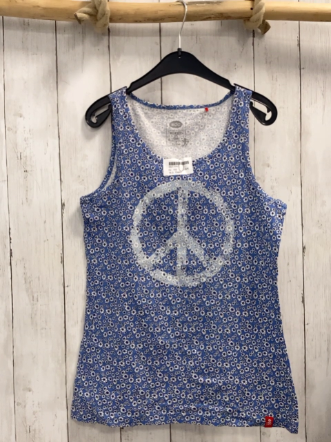 Esprit  Top Gr. 152  blau weiße Blumen + weißes Peacezeichen 