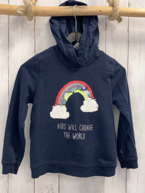 H&M  Pullover  Gr. 110  blau Kapuze bunter Pailettenbogen + Wolken silber schrift 