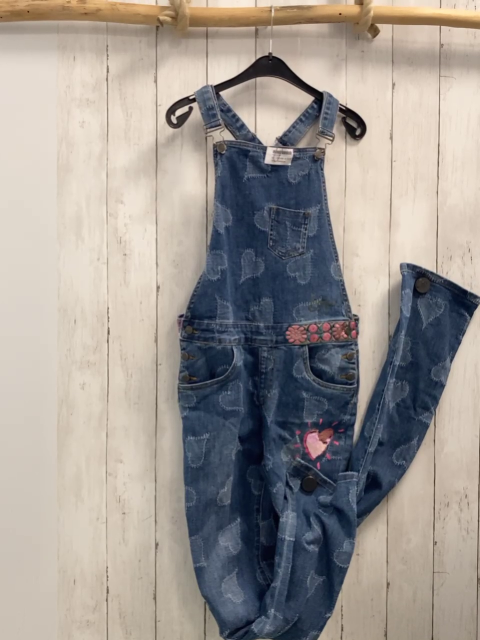 Desigual  Latzhose  Gr. 158/164  blau Jeans gestreifte Herzen Pailettenherz + Blüten im Gürtelbereich 