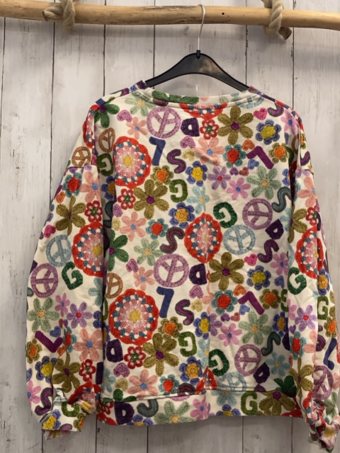Desigual  Pullover  Gr. 158  creme bunte Blumen Herzen Deckchen in Häkeloptik 