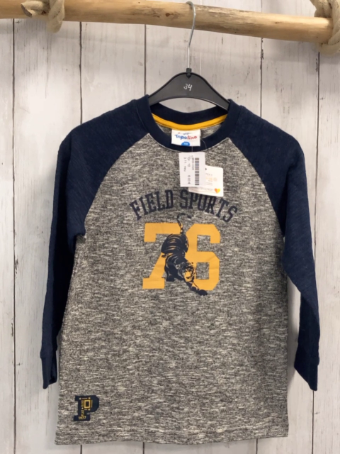 neu  Langarmshirt  Gr. 110  grau meliert mit Zahl und Schrift blaue Ärmel 