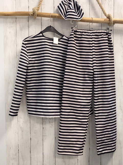 3tlg  Karnevalkostüm Gr. 152  schwarz weiß gestreftes Oberteil Hose Hut Sträfling 