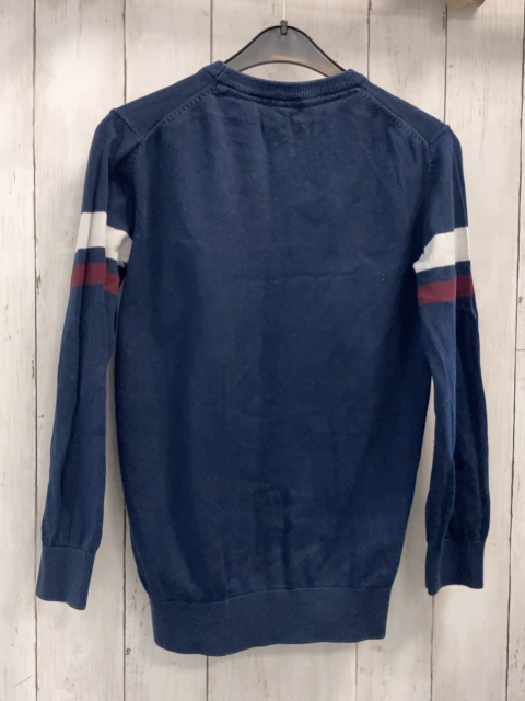   Pullover  Gr. 140  blau Strick weiß weinroter Streifen am Ärmel Schrift 