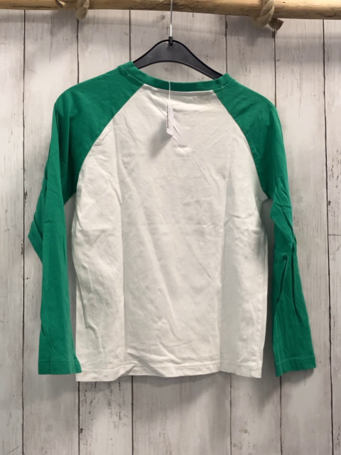  Langarmshirt Gr. 134  weiß grüne Ärmel blaue Schrift
