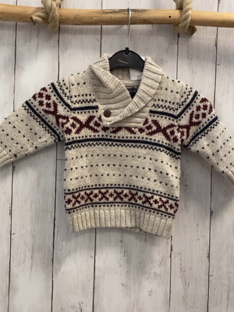 H&M  Pullover  Gr. 74  hellgrau + weinrot dunkelgrünes Muster Strick großer Kragen 