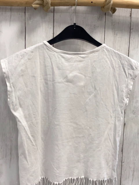 H&M  T-Shirt  Gr. 146/152  weiß schwarze Palmen Schrift silber Glitzer  Fransensaum