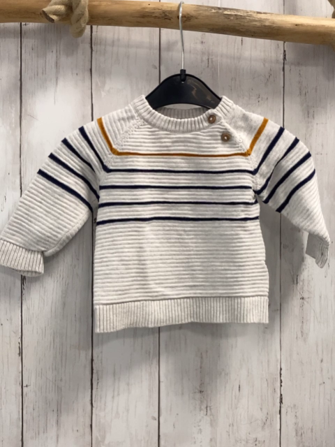 Pullover  Gr. 74  hellbgrau + blau ocker Strefen Rippen