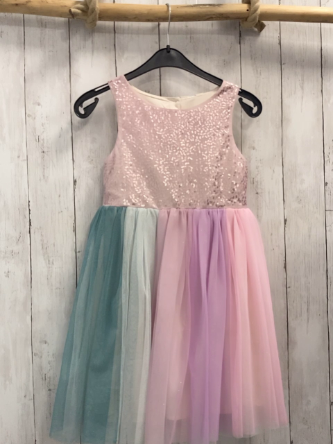 H&M  Kleid  Gr. 122/128  rosa Oberteil mit Pailetten bunte Tüllstreifen mit Glitzerpunkten 