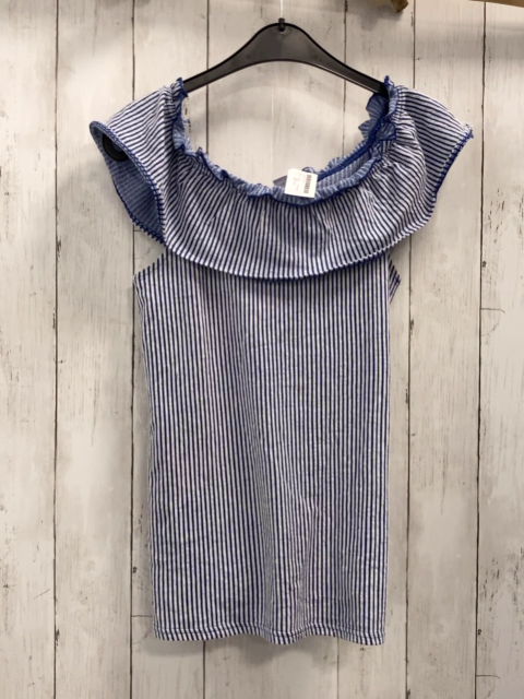 neu YFK T-Shirt  Gr. 158  blau hellgraue Streifen Rüschenkragen 