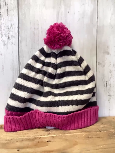 S´ Oliver  Mütze Gr. 51/53  grau weiße Streifen pink Bund + Bommel Strick