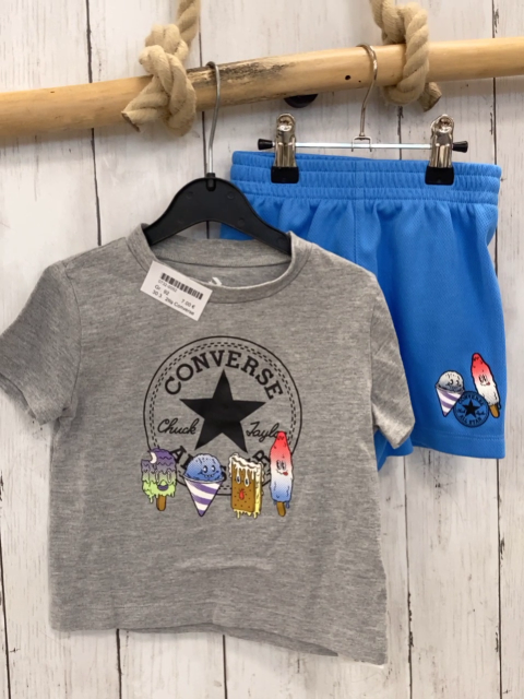 2tlg Converse  T-Shirt + Shorts  Gr. 92  grau buntes Eis Schrift + hellblau 