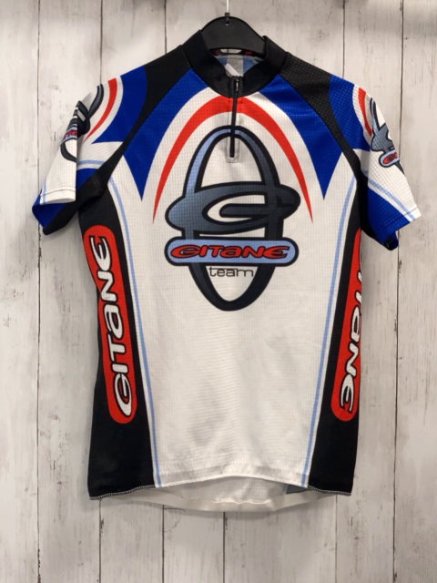   Sportshirt  Gr. 158  weiß blau rot schwarze Druck Reißverschluss 