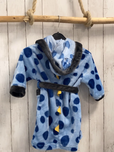   Bademantel Gr. 92  hellblau Plüsch blaue Punkte grauer Bund 