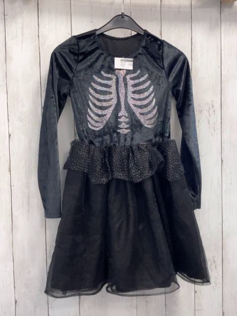  Karnevalkostüm  Gr. 128  schwarzes Kleid mit glänzenden Knochen + Tüllüberrock silber Glitzerpunkte 