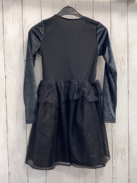  Karnevalkostüm  Gr. 128  schwarzes Kleid mit glänzenden Knochen + Tüllüberrock silber Glitzerpunkte 