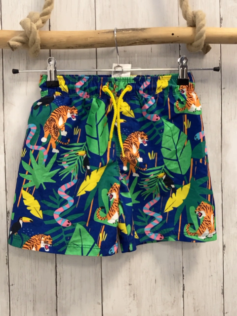 H&M Badeshorts Gr. 134  blau grüne Blätter Tiger Schlangen Kordel