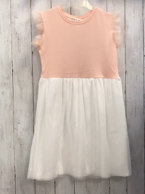  Kleid Gr. 134  lachs geripptes Oberteil weißer Tüllrock