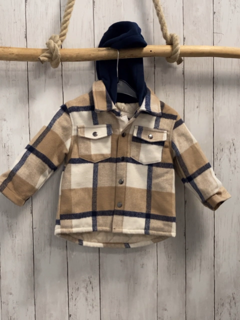   Hemdjacke  Gr. 86  creme sand blau kariert blaue Kapuze 