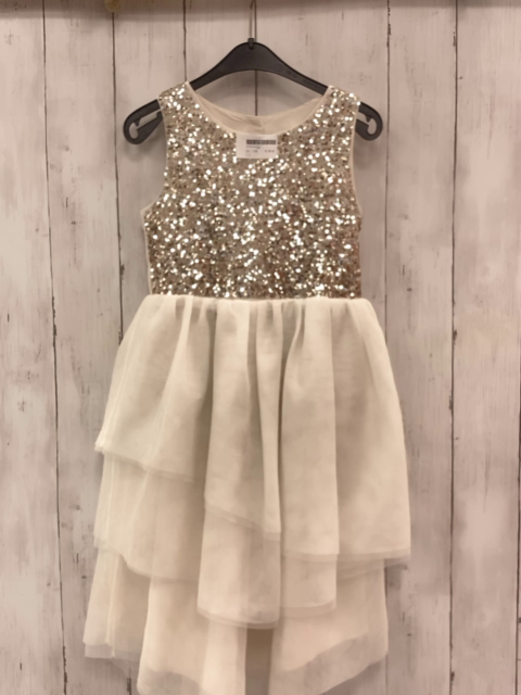   Kleid  Gr. 116  weißes Oberteil mit silber goldenen Pailetten Tüllüberrock 