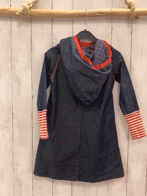 Albakid  Kleid  Gr. 110  blau Jeans Kapuze roter Bund + Reißverschluss rot weiß gestreifter Ärmelbund 