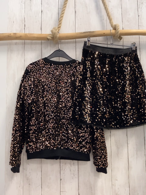2tlg neu Pailettenjacke + Rock Gr. 140  schwarz goldene Pailetten 
