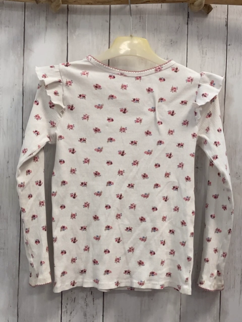 H&M  Langarmshirt  Gr. 134/140  weiß Rippen Blumen Rüschen an den Schultern 