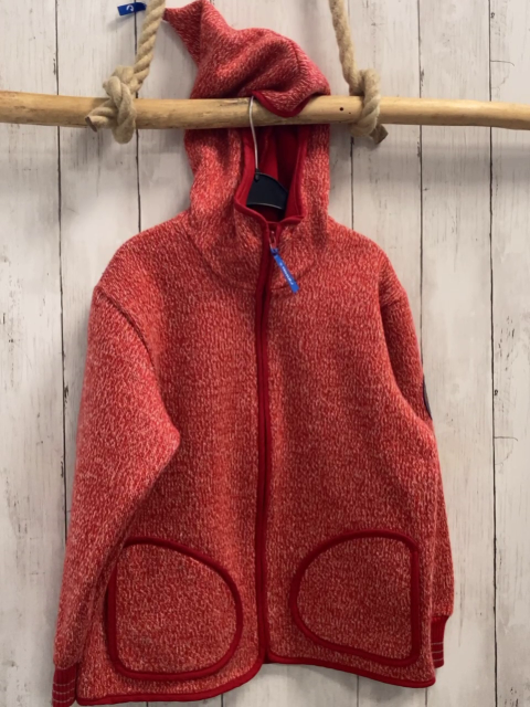 Finkid  Strickjacke  Gr. 128  rot weiß meliert roter Bund Kapuze 55% Wolle