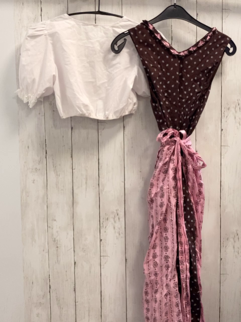 neu 3tlg  Trachtenkleid mit Schürze + Sommerbluse  Gr. 36/38  braun rosa mit weiß braunen Blumen 