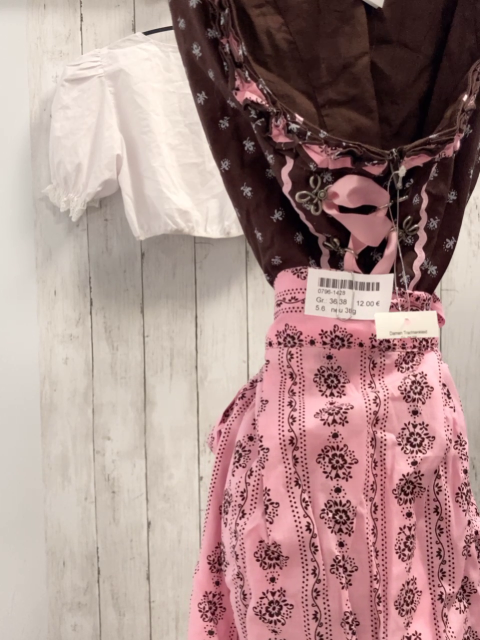 neu 3tlg  Trachtenkleid mit Schürze + Sommerbluse  Gr. 36/38  braun rosa mit weiß braunen Blumen 