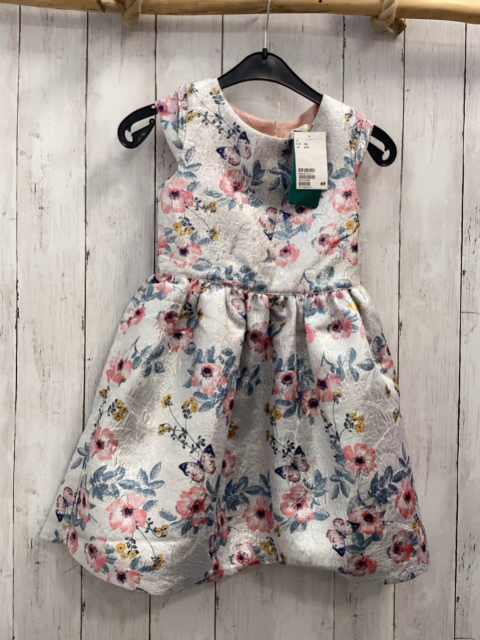 neu H&M Kleid Gr. 122  silber glänzend Blumen 