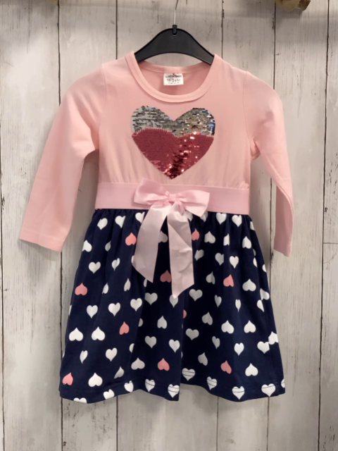   Kleid  Gr. 92  rosa Oberteil mit Pailettenherz blauer Rock mit weiß + rosa Herzen rosa Schleife 
