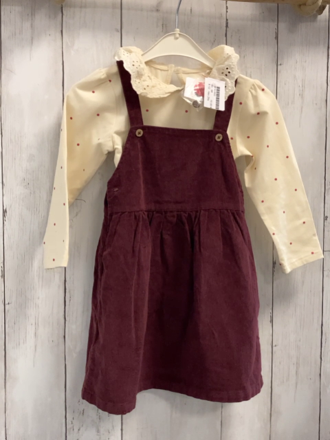 neu 2tlg  Langarmshirt + Trägerrock  Gr. 98  creme weinrote Punkte Rüschenkragen + weinrot Kord 