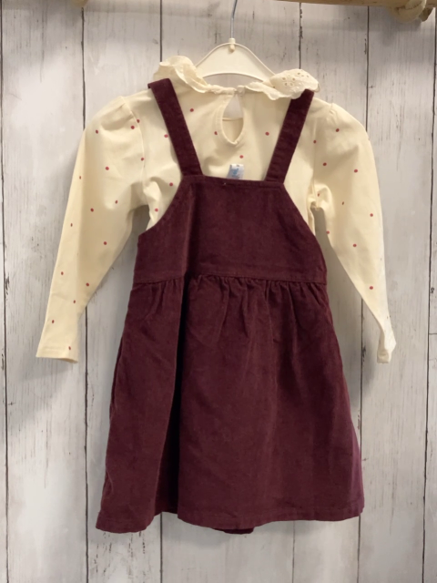 neu 2tlg  Langarmshirt + Trägerrock  Gr. 98  creme weinrote Punkte Rüschenkragen + weinrot Kord 