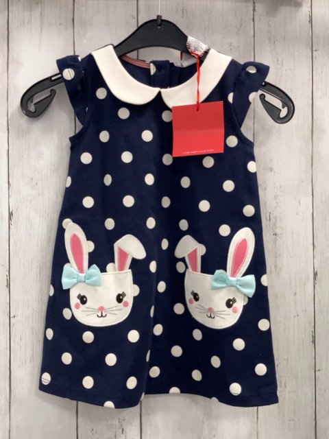 neu Mula Bug  Kleid  Gr. 92  blau weiße Punkte + weißer Kragen Taschen mit Hasenkopf 