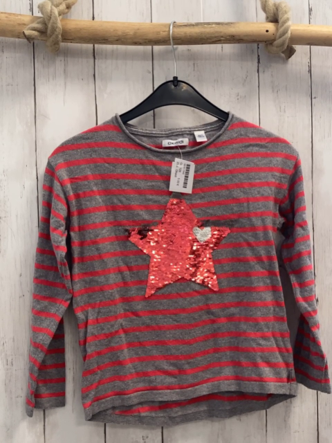 Okaidi Pullover Gr. 128  grau rot gestreift Pailettenstern Strick