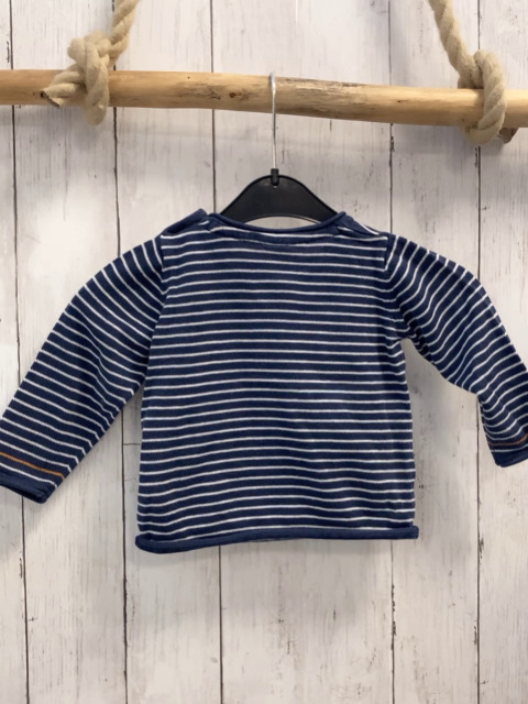  Pullover  Gr. 74  blau weiße Streifen Strick ocker Schrift 