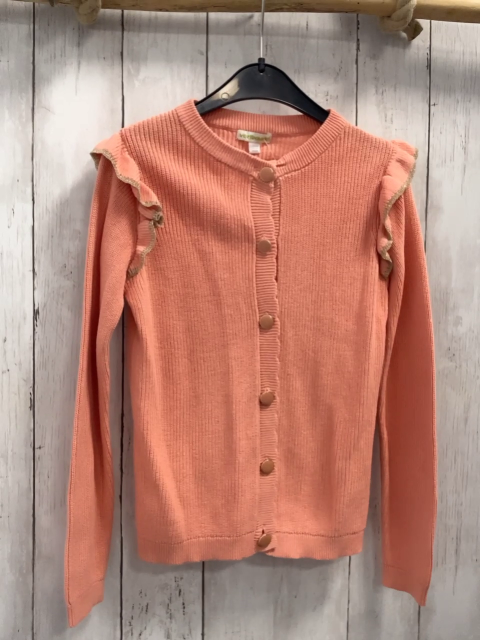 Vertbaudet  Strickjacke  Gr. 128  orange Rppen Rüschen an den Schultern mit goldenem Rand 