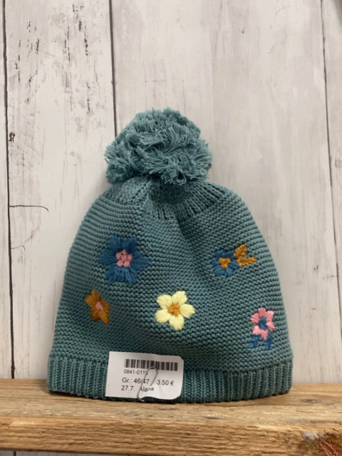 Alana  Mütze  Gr. 46/47  petrol Strick bunte Blumen Bommel 
