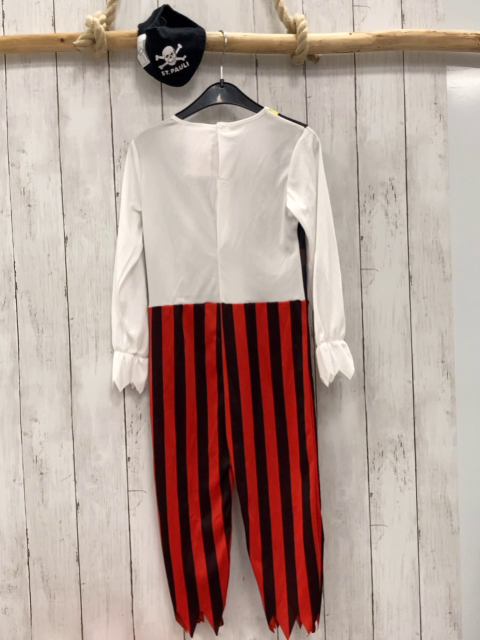 2tlg  Karnevalkostüm  Gr. 110  weiß + rot schwarz gestreifter Piratenoverall + schwarzes Tuch mit Totenkopf 