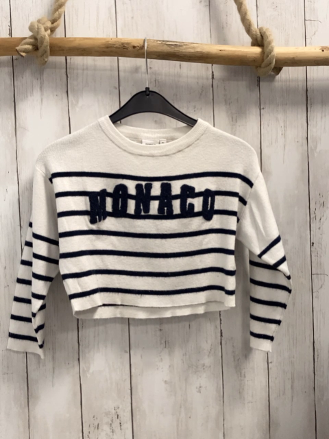 Name it  Pullover  Gr. 116  weiß blaue Streifen blaue Plüschschrift kurz geschnitten 