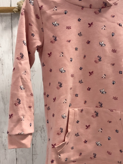   Kleid  Gr. 128  rosa Blumen Kapuze Bauchtasche 