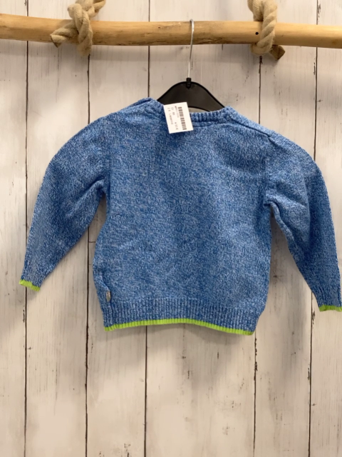 Liegelind  Pullover  Gr. 86  blau hellgrau meliert Strick hellgrüner Bund graue Schrift 