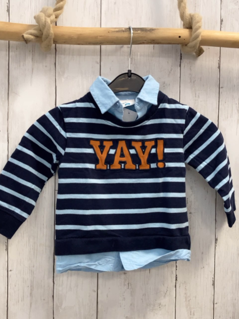   Langarmshirt  Gr. 86  blau hellblaue Streifen hellblauer Hemdkrage ocker Schrift 