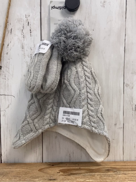 neu 2tlg  Mütze + Handschuhe  Gr. 48cm  hellgrau Strick Zpfe 